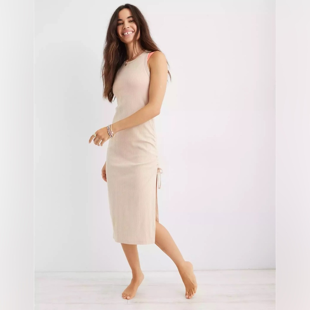NWT Aerie Ruched Rib Midi Dress in Cream Tan Size XL